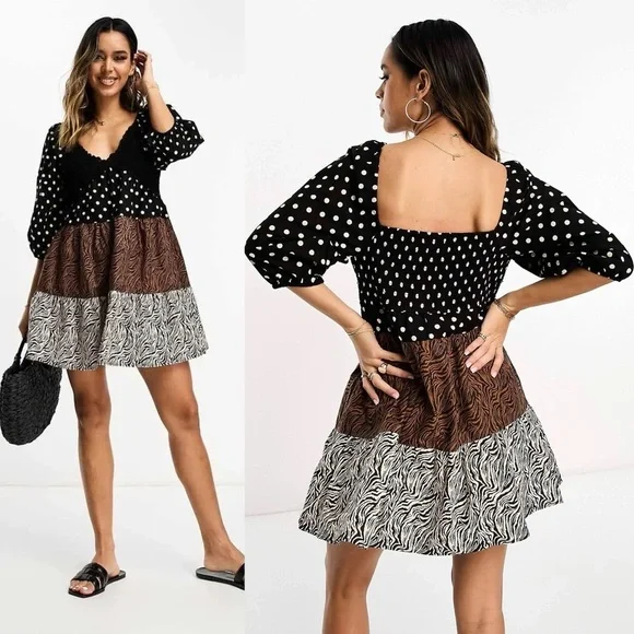 ASOS DESIGN crochet tiered babydoll mini dress in mixed animal - Picture 2 of 15